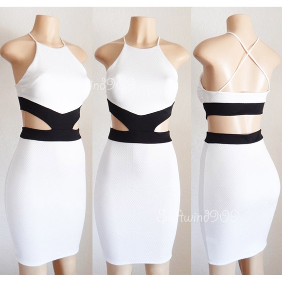 Crush On You Dresses & Skirts - White Black High Neck Cutout Midi Bodycon Dress
